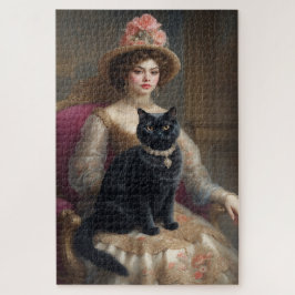 ビクトリア朝の黒猫を持つ女性 ジグソーパズル
