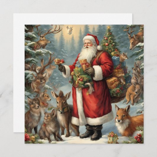 ビクトリア調のプレゼントを持ったサンタと森の動物たち シーズンカード (正面/裏面)