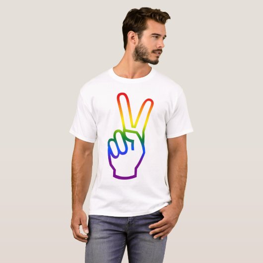 ビクトリーサインピースレインボーフラグカラーLGBTプライド Tシャツ (正面フル)