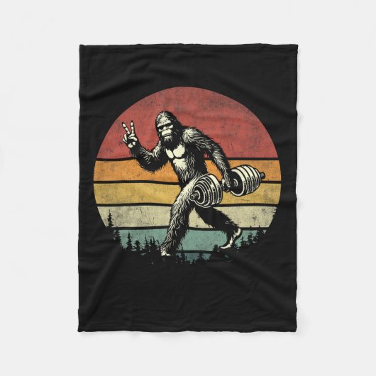 ビグフットおもしろいリフティングジムレトロビグフットサスカッチ フリースブランケット (正面)