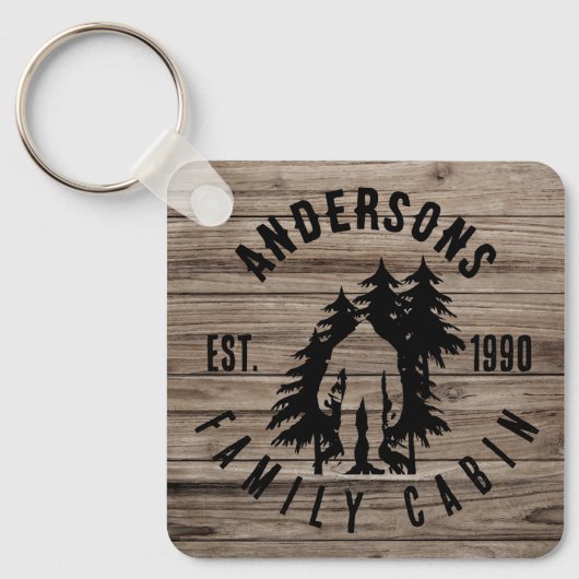 ビグフットキャビン素朴ウッドファミリー名前をカスタムする キーホルダー (正面)