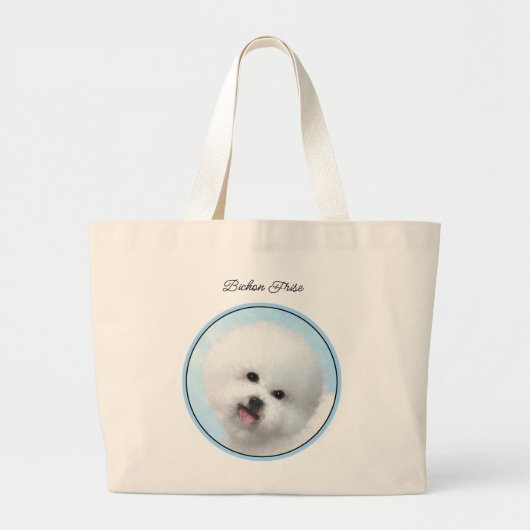 ビコンフリーステ絵を描ネリフェ白可愛いドッグアート ラージトートバッグ (正面)