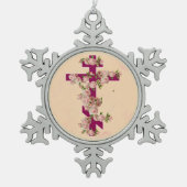 ビザンチンの正統の東の儀式の十字のピンクのバラ スノーフレークピューターオーナメント (正面)