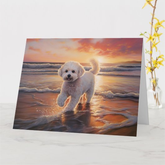 ビションフリゼのサンディポーズ ビーチの夕焼け犬 カード (黄色い花)