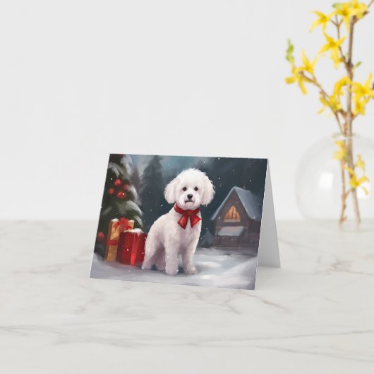 ビションフリゼの犬と雪のクリスマス カード (黄色い花)