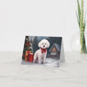 ビションフリゼの犬と雪のクリスマス カード (正面)