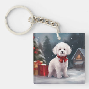 ビションフリゼの犬と雪のクリスマス キーホルダー