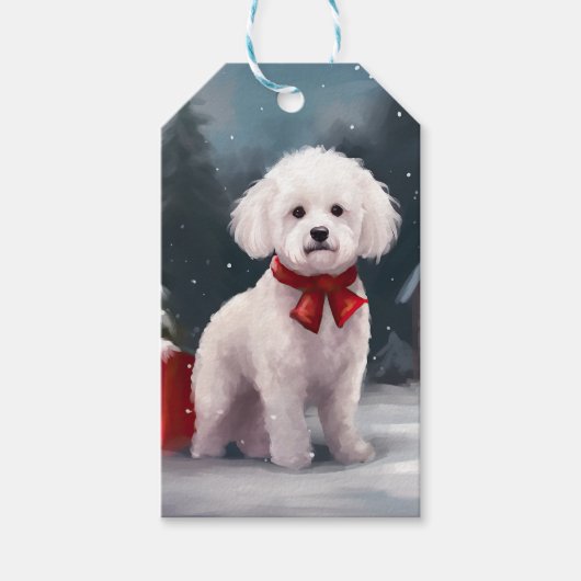 ビションフリゼの犬と雪のクリスマス ギフトタグ (正面)