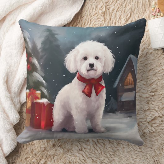 ビションフリゼの犬と雪のクリスマス クッション (ブランケット)