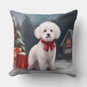 ビションフリゼの犬と雪のクリスマス クッション (正面)