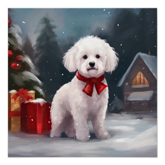 ビションフリゼの犬と雪のクリスマス ポスター (正面)