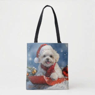 ビションフリゼの犬のそり遊び 雪を降らせて クリスマス トートバッグ