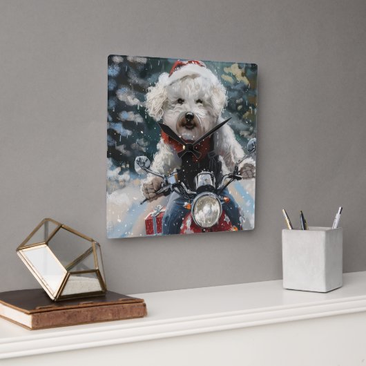 ビションフリゼ 犬 バイク クリスマス スクエア壁時計 (オフィス)