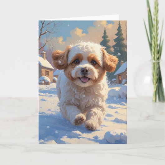 ビションフリーゼのクリスマススノーシーン絵画 カード (正面)