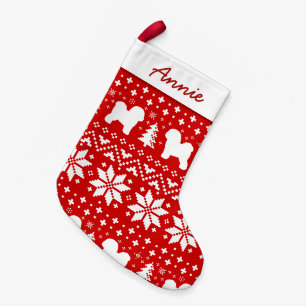 ビションフリーゼのシルエット ホリデーパターン かわいい スモールクリスマスストッキング