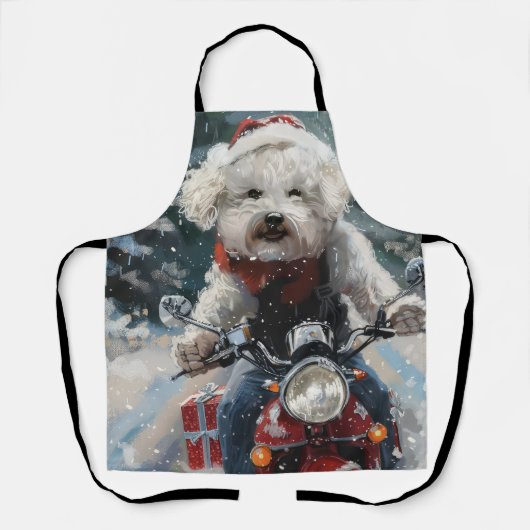 ビションフリーゼの犬がバイクに乗るクリスマス エプロン (正面)