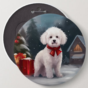 ビションフリーゼの犬と雪のクリスマス 缶バッジ
