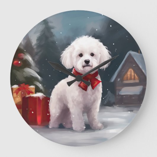 ビションフリーゼの犬の雪のクリスマス ラージ壁時計 (正面)