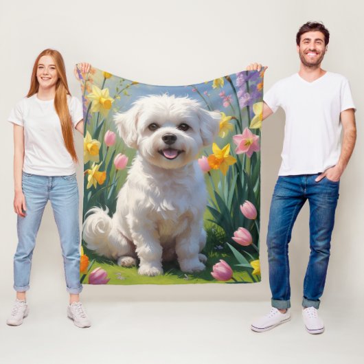 ビションフリーゼ 春の花の絵 フリースブランケット (インサイチュ)
