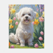 ビションフリーゼ 春の花の絵 フリースブランケット (正面)
