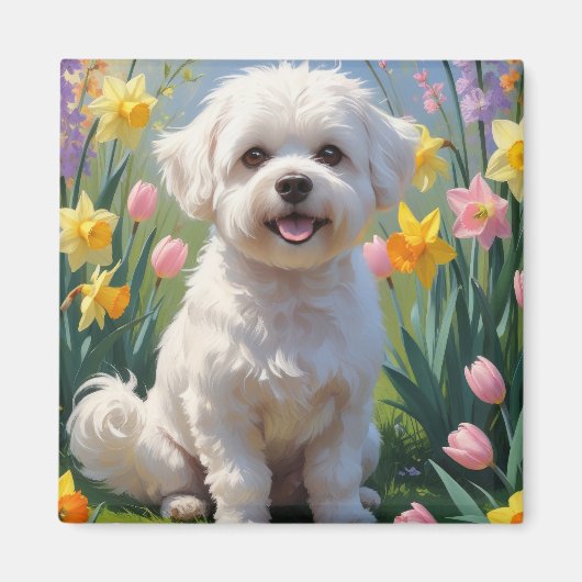 ビションフリーゼ 春の花の絵 マグネット (正面)