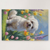 ビションフリーゼ 犬 春の花 絵画 ジグソーパズル (横)