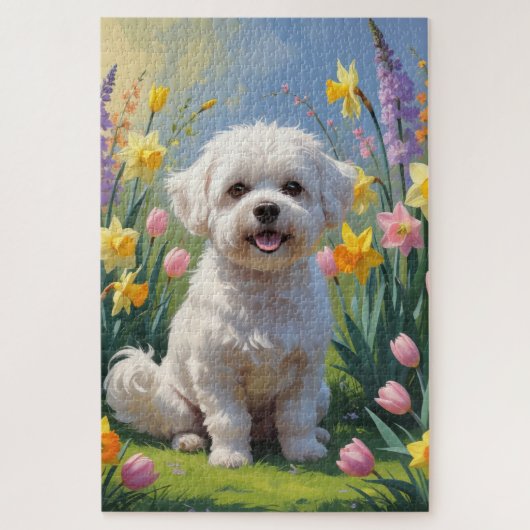 ビションフリーゼ 犬 春の花 絵画 ジグソーパズル (縦)