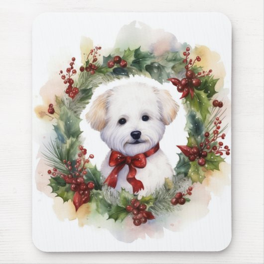 ビション・フリーゼ クリスマスリース 陽気な仔犬 マウスパッド (正面)