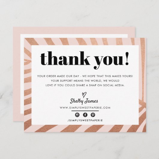 ビジネスありがとうシックなモダンローズ金ゴールドピンクパーム サンキューカード (正面/裏面)