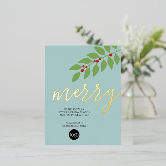 ビジネスのクリスマスグリーティメリーングアクア – 金ゴールド 箔シーズンポストカード (立ち正面)