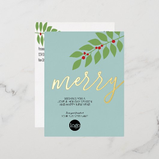 ビジネスのクリスマスグリーティメリーングアクア – 金ゴールド 箔シーズンポストカード (正面/裏面)