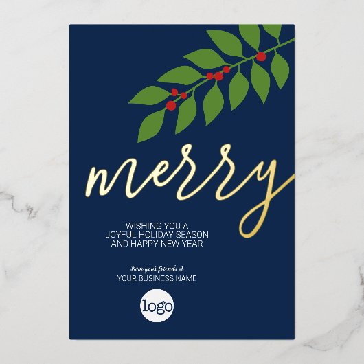 ビジネスのクリスマスグリーティンメリーグ – 海軍 箔シーズンカード (正面)
