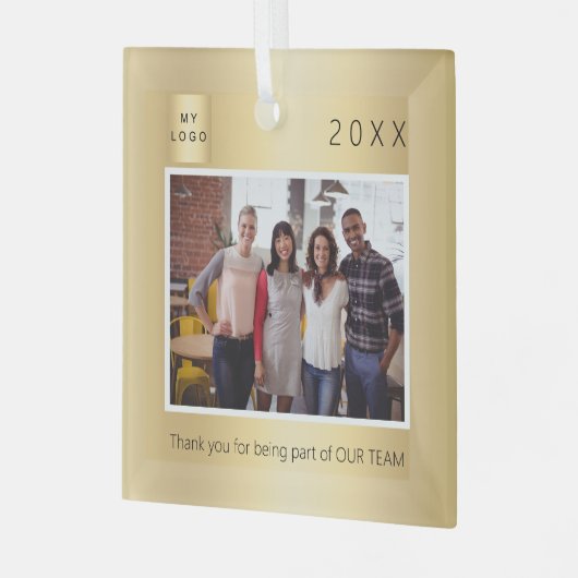 ビジネスのロゴの写真の金ゴールド感謝していユークリスマス ガラスオーナメント (正面左)