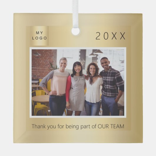 ビジネスのロゴの写真の金ゴールド感謝していユークリスマス ガラスオーナメント (正面)