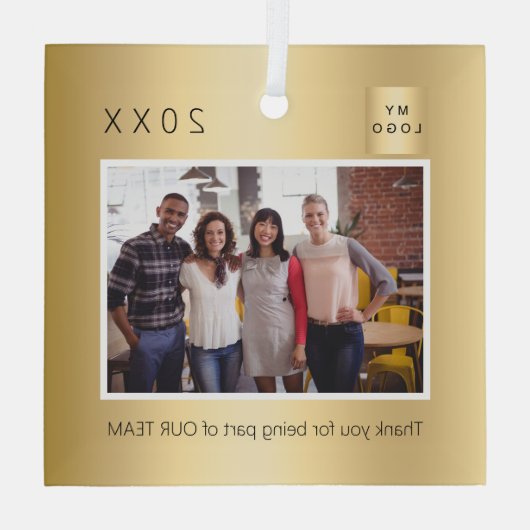 ビジネスのロゴの写真の金ゴールド感謝していユークリスマス ガラスオーナメント (裏面)