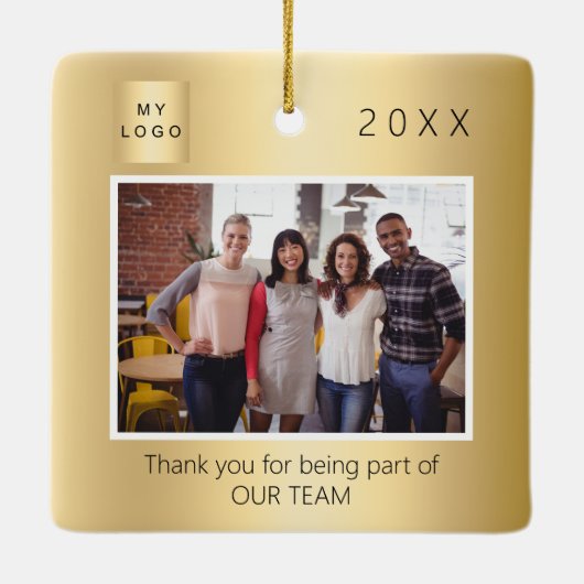 ビジネスのロゴの写真感謝していあなたの金ゴールドクリスマス セラミックオーナメント (裏面)