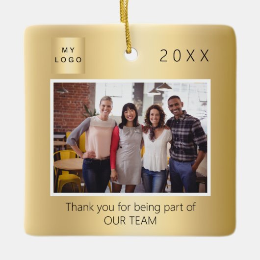 ビジネスのロゴの写真感謝していあなたの金ゴールドクリスマス セラミックオーナメント (正面)