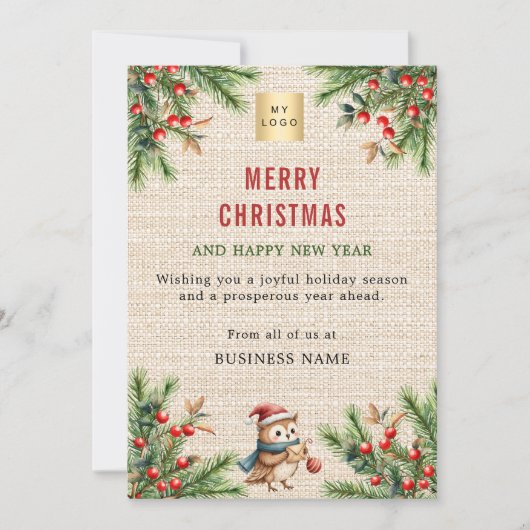ビジネスのロゴベージュバーラップパインキュートなフクロウのクリスマス シーズンカード (正面)