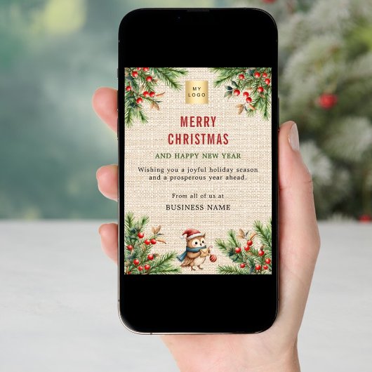 ビジネスのロゴベージュバーラップパインキュートなフクロウのクリスマス シーズンカード