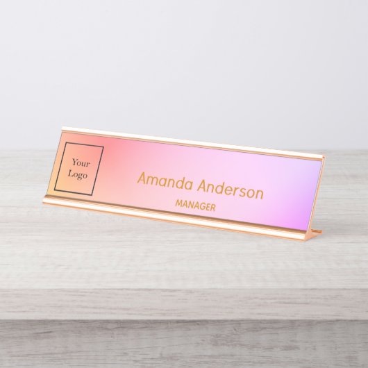 ビジネスのロゴ会社ピンク紫ゴールデングラデーション デスクネームプレート (正面)
