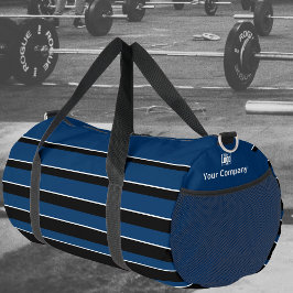 ビジネスのロゴ名ストライプの青白ブラック ダッフルバッグ