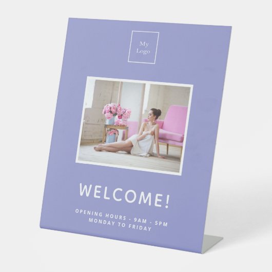 ビジネスのロゴ紫ラベンダー写真へようこそ 台座サイン (正面)