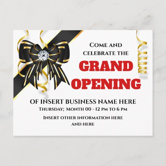 ビジネスの大開き金ゴールド黒い赤いリボン 案内ポストカード (正面)