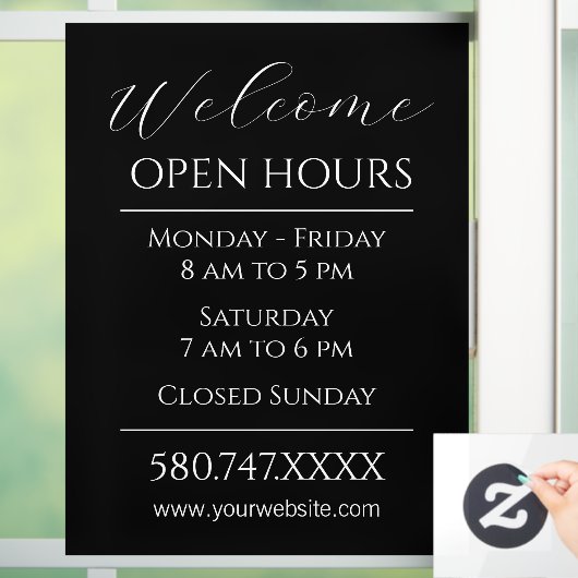 ビジネスの開始と開館時間の白黒 ウィンドウサイン