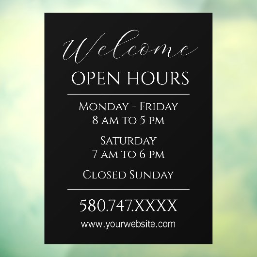 ビジネスの開始と開館時間の白黒 ウィンドウサイン (シート3)