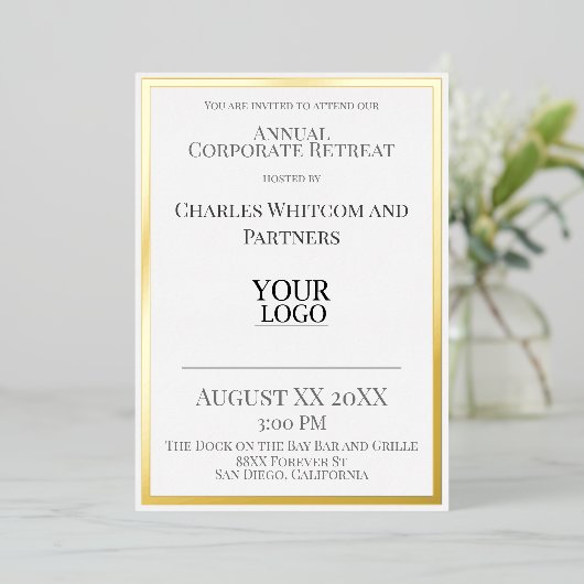 ビジネスまたは企業のイベントとロカスタムゴ金ゴールド 箔招待状 (立ち正面)
