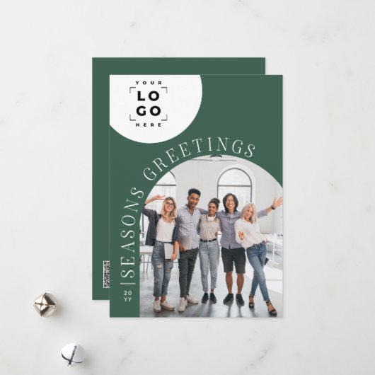 ビジネスアーチフォトグリーンロゴクリスマスホリデー シーズンカード (正面/裏面インサイチュ)