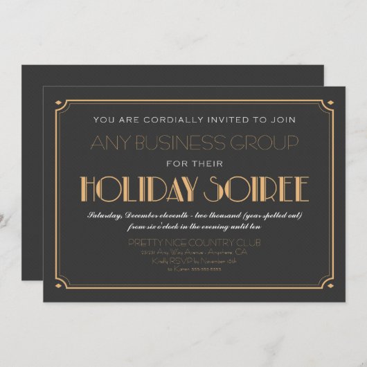 ビジネスアールデコソーリーホリデーパーティー招待状 招待状 (正面/裏面)