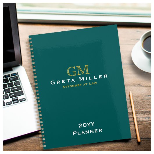 ビジネスエグゼクティブダークティール(緑がかった色)金ゴールドモノグラム プランナー手帳
