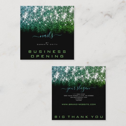 ビジネスオープンティール（緑がかった色）グリーングリッターマニキュア爪、 ネイル スクエア名刺 (正面/裏面)